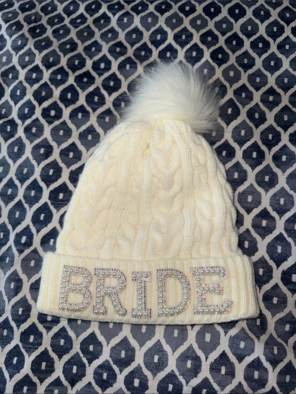 Bride Embellished Pom-Pom Beanie - Cream